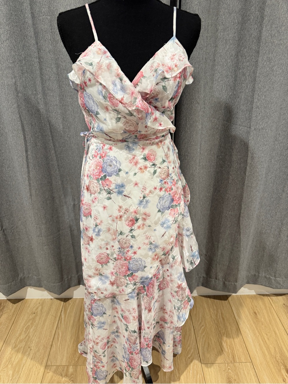 Lulu's Strapless Floral Wrap Midi Dress in Cream, Pink & Blue